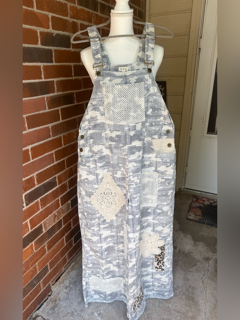 POL Patchwork Crochet Leopard Wide Leg Overalls Boho Jumpsuit L